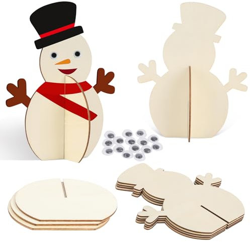 Wolkstello Bastelset Weihnachten Holz, 10 Stück 3D Schneemann Bastelset, Basteln Weihnachten Kinder, Holz zum Bemalen Weihnachten, DIY Weihnachtsdeko für Jungen Mädchen Winter Neujahr