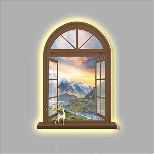 Decoración de pared con arte 3D Esculturas de pared Arte for colgar en la pared con luz LED, Marco de ventana falso Vista de la luz del sol sobre el paisaje de la colina, Lámpara decorativa Pintura