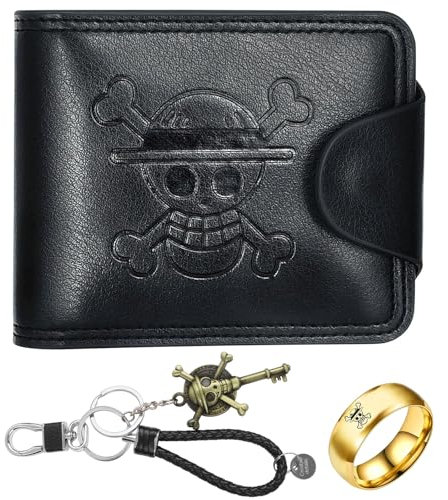 Portefeuille Anime Manga en Cuir avec Porte-Clés et Anneau Or Cosplay Squelette Crâne Porte Monnaie Pliable avec Compartiments Porte-Cartes pour Fans d'Anime Ado Garcon Homme - Noir