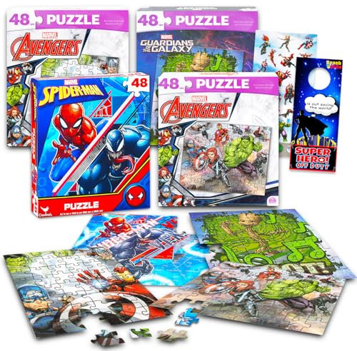 Marvel Heroes Premier-Puzzles-Set – Bündel mit 4 verschiedenen 48-teiligen Avengers- und Spiderman-Puzzles plus Aufklebern und mehr | Marvel Superhelden-Puzzles für Jungen