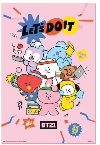 Grupo Erik Poster BT21 Let's Do It Kunstdruck - Deko Wohnzimmer oder Deko Schlafzimmer - Deko Zimmer - Größe 61 x 91 - Offizieller BT21 Fanartikel