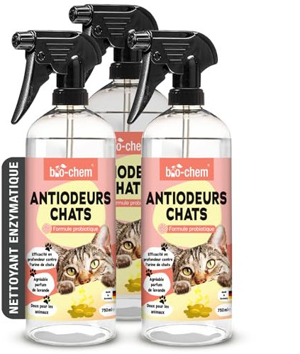 bio-chem Katzen Geruchsentferner Spray 3x 750 ml | Enzymreiniger mit Mikroorganismen | Gegen Katzenurin auf Sofa, Teppich & Polster | Probiotisch | Made in Germany