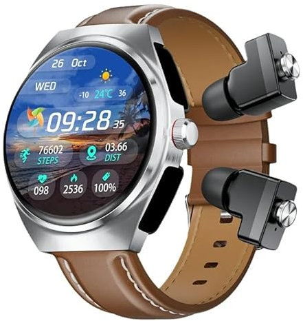 GT95 Headphone Smart Watch 2-in-1 TWS Wireless Earbuds Bluetooth Call Headset AI Voice Women Men Sports Fitness Smartwatch (Brown Leather)