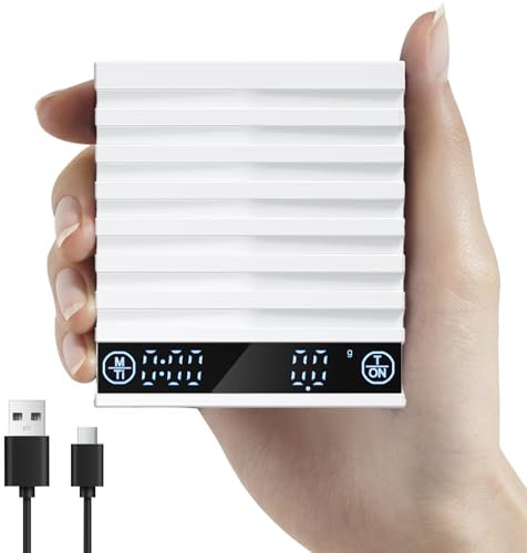 JUELICH Mini Coffee Scale with Timer, Rechargeable Espresso Scale, 2kg/0.1g Accurate Scale for Espresso and Pour-Over Coffee, Portable Digital Kitchen Scale with Automatic Timing (White)