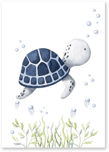 Calmondo Schildkröte Kinderbild für Kinderzimmer | Tier-Poster als Geschenk für Mädchen & Jungen | Süße Wand-Deko für eine fröhliche Atmosphäre | DIN A4 | Mit Bonusbild und Kindermappe