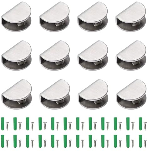 12 Pièces Pince à Verre en Acier Inoxydable 201, Support d'Étagère en Verre, Support de Fixation Etagere en Verre Noir Demi-Rondes avec Vis (Argent, Demi-Cercle, pour Verre de 6 à 9 mm d'épaisseur)