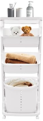 Panier à linge, 3 compartiments avec roues, panier à linge avec trois amovibles, système de tri du linge, grande capacité, capacité de charge 30 kg, 43 x 29 x 79 cm (blanc)