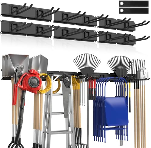 Housolution Verstellbar Garagen Gerätehalter 244cm, Metall Wandhaken | Werkzeugregal Wand Werkzeughalter mit 6 Schienen 12 Haken für Garagen Keller Werkstatt Besen Rechen Werkzeug Organizer(327kg)