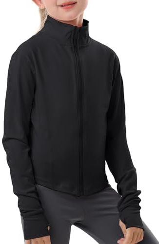 Gihuo Girls Zip Up Workout Jacket Lightweight Athletic Horse Riding Jackets Cropped Gym Yoga Track Shirts with Thumb Holes(Black-5-6Y)