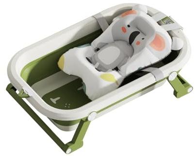 XL Faltbare Babybadewanne für Babys mit digitalem Thermometer, Duschständer und rutschfestem Kissen, Grün, Koala-Kissen, 80 x 50 x 22 cm