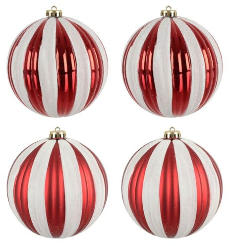 Mr Crimbo XL Christmas Baubles Set of 4 – 15cm Shatterproof Ornaments with Ribbed Matt & Glitter Finish, Hanging Strings Included – For Large Trees & Festive Displays - Red and White