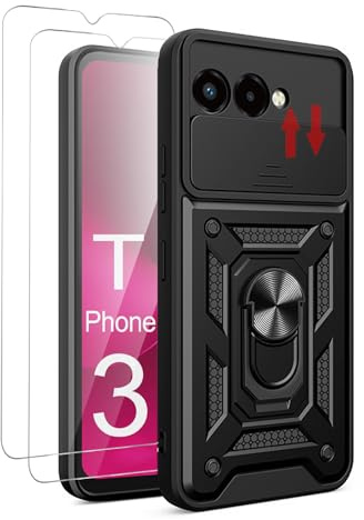 GIOPUEY Hülle für Telekom T Phone 3, with 2 Stück Panzer Schutz Glas, Standfunktion T Phone 3 Handyhülle, PC TPU Ultradünn Case Cover [rutschfest] [Kameraschutz] - Black