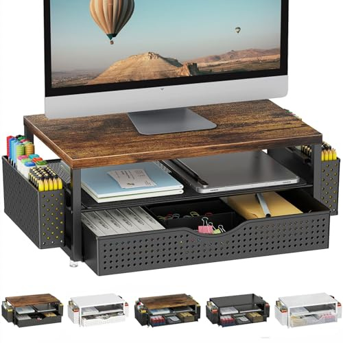 Pygocereri Monitor Stand with Drawer, Desk Organiser and Accessories, 2-Tier Computer Monitor Stand Riser with Drawer and 2 Pen Holder, Laptop Stand, Office Desk Accessories for Desk Tidy