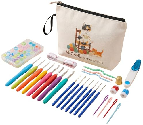 ANGAHE Kit Crochet Completo 46 Piezas con 17 Agujas Crochet Ergonómicas | Set ganchillo completo con estuche y bolsa de lona ideal principiantes y amigurumi, 16 marcadores y ganchillos de acero 2-6mm