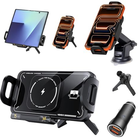 Olycism X02 Dual Coils 15W Fast Wireless Car Charger Mount for Samsung Galaxy Z Fold 7/6/5/4/3 with Automatic Clamping, Suction Cup, Vent Clip, Cigarette Lighter Charger, Black, Color Box Packaging