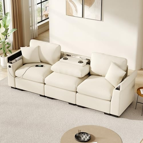 Modernes Dreisitzer-Sofa aus Chenille, Stoffsofa mit Kissen, Klapptisch und USB-Anschluss, Getränkehalter und Stauraum, ein multifunktionales Sofa, geeignet für Büros, Wohnungen und Heimkinos. (Beige)