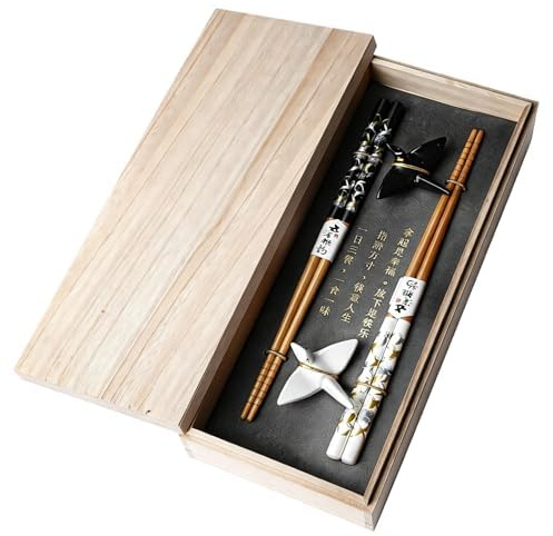 BAIFULAI Set di bacchette da sushi 2 paia, bacchette in legno con supporto per gru di carta in ceramica, bacchette sostenibili giapponesi, cinesi, coreane e taiwanesi, regalo giapponese