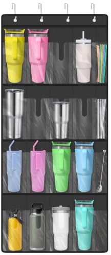 EEEKit Hanging Water Bottle Holder, Over Door Water Bottle Storage Organizer with 16 Cup Pockets and 4 Straw Pockets, Hanging Cup Storage Rack for Kitchen Cabinet Pantry Classroom