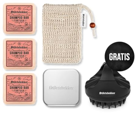 Störtebekker® Premium Duschset - Festes Shampoo Tortuga (x3), Sisalsäckchen, Seifendose Aluminium + GRATIS Scalp Brush - Shampoo Set für Haare & Kopfhaut - Handgefertigt