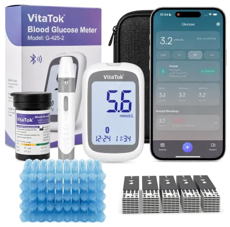 VitaTok Bluetooth Blood Sugar Monitor Blood Glucose Monitor, G-425-2 Blood Sugar Test Kit with 50 Test Strips & 50 Lancets, No Coding, Large Display, 5s Fast Result, Diabetes Testing Kit for Home Use