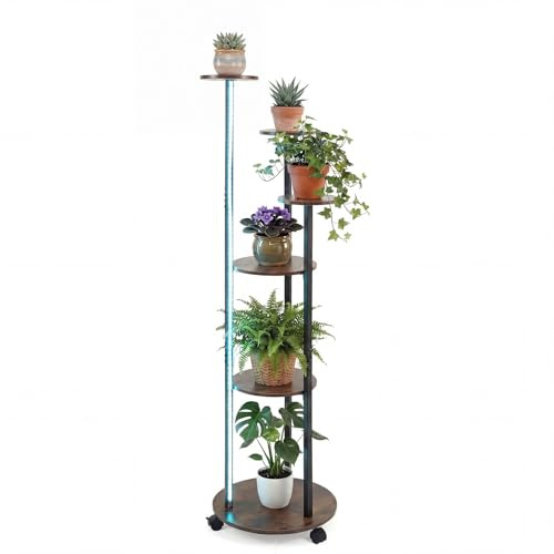 COSTWAY Support Plantes Intérieur à 6 Niveaux avec Roulettes (Marron+Noir) | Étagère d'Angle avec Lumières LED 16 Couleurs Télécommande 7 Modes, Vitesse et Luminosité Ajustables
