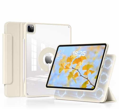 JKSML Magnetic Hülle für iPad Pro 13 Zoll (M5/M4) 2025/2024 - Weiße Creme | Abnehmbare Magnetische Abdeckung mit Trennbar Stifthalter, Transparent Rückseite, 360° drehbar, Hoch/Querformat Ständer