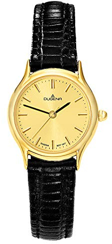 Dugena Damen-Armbanduhr 1626331 Vintage, Quarz, goldenes Zifferblatt, Edelstahlgehäuse, gehärtetes Mineralglas, Lederarmband, Dornschließe, 3 bar