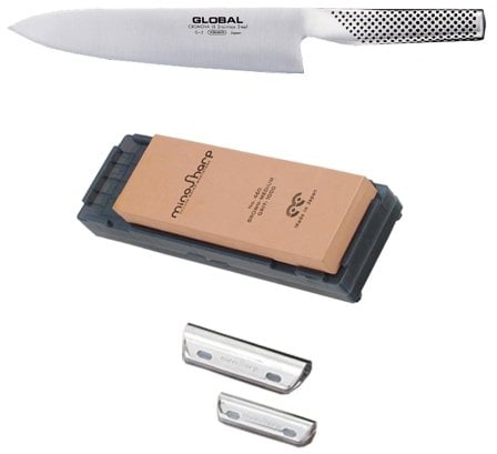 Global G-2 Kochmesser Set, Wetzstein und Schärfhilfe
