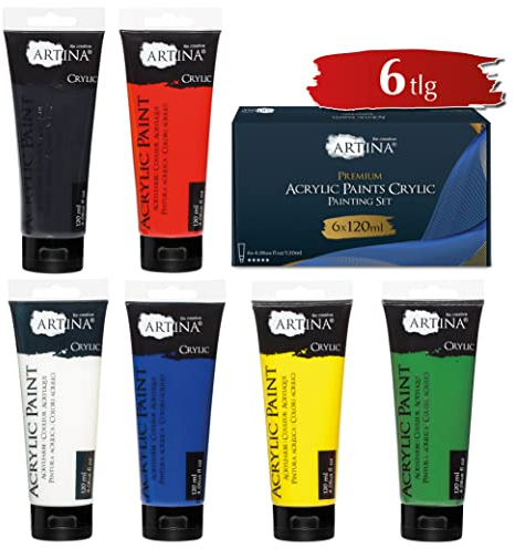 Artina crylic Peinture acrylique pour artistes Fortement pigmentées Lot de 6 tubes de peinture acrylique de 120ml