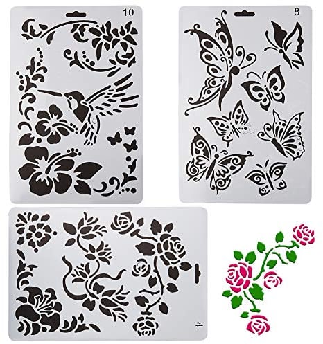 GORGECRAFT 3 Stück Plastikzeichnung Malerei Rechteck Schablonenvorlagen Schmetterlingsblumen für Notizbuch Tagebuch Sammelalbum Journaling Card DIY Bastelprojekt, Weiß