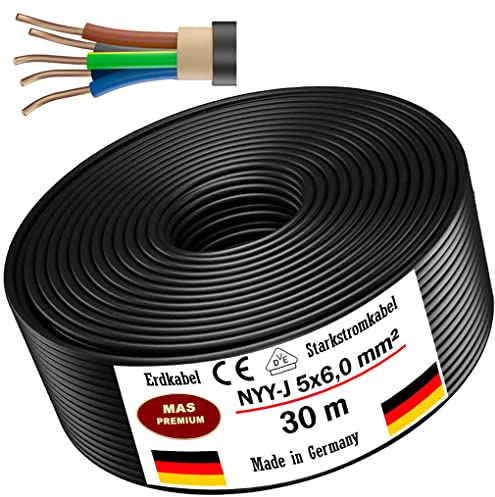 MAS-Premium Erdkabel Deutscher Marken-Elektrokabel Ring zur Verlegung im Erd- und Außenbereich Standard Starkstromkabel (NYY-J 5x6 mm², 30m)