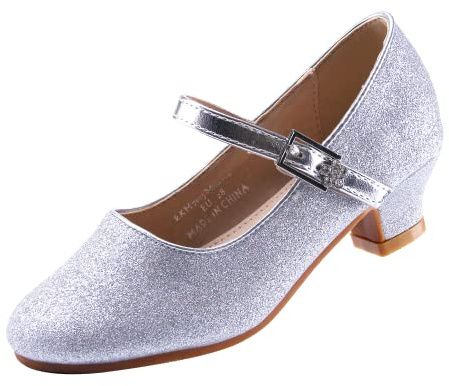 EIGHT KM Zapatos de tacón Alto para niñas Modelo Mary Jane Minerva en Brillo Brillante Plateado Talla EU 32