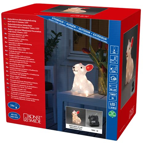 Konstsmide LED Acryl Kaninchen 6h/9h Timer, 24 warm weiße Dioden, batteriebetrieben, Außen, 0, 48W, transparentes Kabel, Batterie: 4 x AA 1, 5V (exkl.) - 6236-103