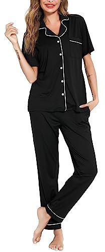 Lovasy Pyjamas for Women Soft Ladies Pyjamas Button Down Pjs for Women Sets Classic Womens Pyjamas Sets Pajamas Loungewear with Pockets,Black,L