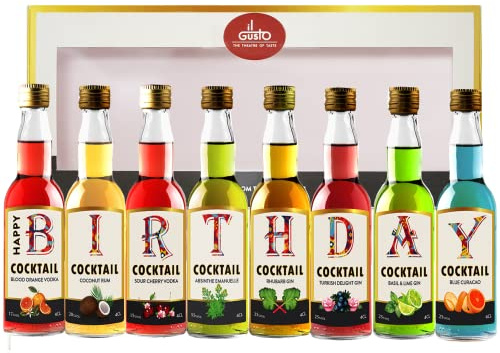 Premium Miniature Flavoured Cocktails Tasting Gift | Birthday Printed Selection Box | 40ml Each (Pack Of 8) | Citrus blood orange & cherry vodkas • Spiced coconut rum • Floral Turkish delight & rhubarb gins • absinthe & blue curaçao