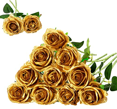 Floralsecret 12 Pcs Artificial Silk Roses Flower Bouquet Faux Flowers Home Wedding Party Decor(Gold)