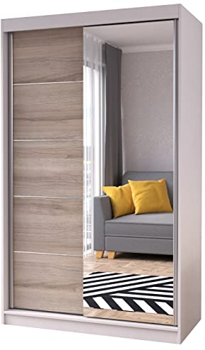 Fabryka Mebli Idźczak Kleiderschrank mit Spiegel, Wohnzimmerschrank - Sonoma, Weiß Schwebetürenschrank, Schlafzimmerschrank - 61 x 120 x 200 cm - Schrank für Schlafzimmer, Wohnzimmer, Garderobe