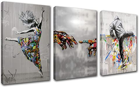 Graffiti Decor Aamd Hand of God Bilder Banksy Abstrakte Straßenkunst Gemälde Romantisches Paar Kunstwerk Nordische Kunst für Wohnzimmer 3 Paneele Kunstdrucke Leinwand Gerahmt Giclée Fertig Aufhängen