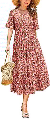 STYLEWORD Women Summer Dress Floral Short Sleeve Ladies Casual Swing Midi Dress with Pockets(Floral06,Large)