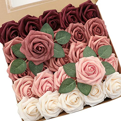 Floroom Künstliche Blumen, 25 Stück, echt aussehend, burgunderrot, Ombré-Farben, Schaumstoff, künstliche Rosen mit Stielen für DIY, Hochzeitssträuße, Brautparty, Partytische, Heimdekorationen