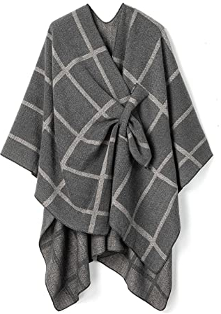 Villand Schal für Damen Poncho-Umhang Cardigan mit offener Vorderseite, Gürtel und Geschenktüte für Herbst und Winter (Hellgraues Plaid)