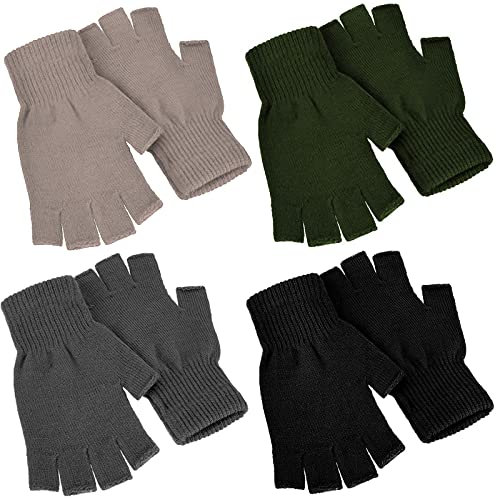 SATINIOR 4 Paar Winter Halbfinger Handschuhe Gestrickte Fingerlose Fäustlinge Warme Dehnbare Handschuhe für Damen und Herren, Schwarz, Dunkelgrau, Khaki, Dunkelgrün, 6.7 x 3.54 inches