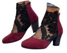 ORANDESIGNE Stivali da Donna in Tulle Vuoto Ricamato Stivaletti con Tacco Largo Stivali Corti Elegante Stivali Estivi in Pizzo Floreale con Giunzione con Cerniera B Vino Rosso 43 EU