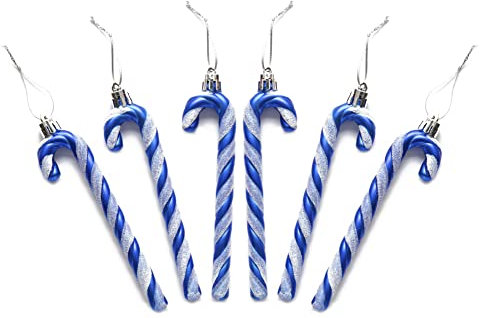 Pack of 6-13CM Glitter Candy Cane –Christmas Tree Hanging Decoration Bauble Xmas Ornament (Royal Blue)