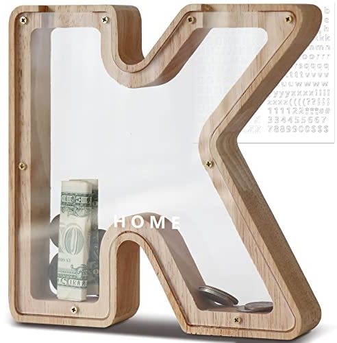 DBPBToU Money Box for Kids Piggy Bank, Personalised Wooden Letter Money Box for Birthday Gift/Home Decoration/Keepsake (K)