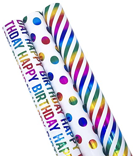 CC wonderland zone 3 Rollen Hochwertiges Geschenkpapier Geburtstag Bunt 43cm x 3m,Happy Birthday Geschenkpapier,Regenbogenfarben Geschenkverpackung Papier für Weihnachten,Geburtstag, Kindertag