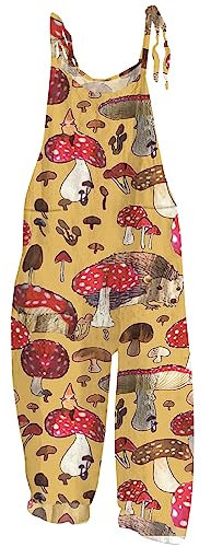 AMhomely Women's Dungarees Casual Loose Sleeveless Overall Jumpsuits Cute Graphic Print Long Jumpsuit Playsuit Vintage Mushroom Baggy Overall Playsuit Wide Leg Trousers Pants Rompers Yellow L