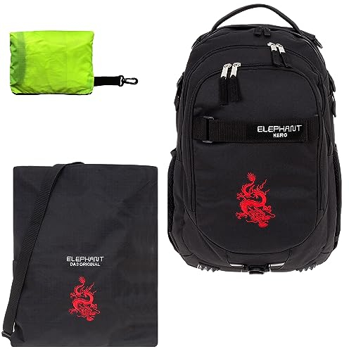 Schulrucksack Jungen Mädchen ab 3. Klasse Schule Tasche Brustgurt Schultasche Rucksack mit Sportbeutel Attach Bag und Regenhülle Premium 3 Teile Set Auswahl rtp (Dragon Schwarz 12645)