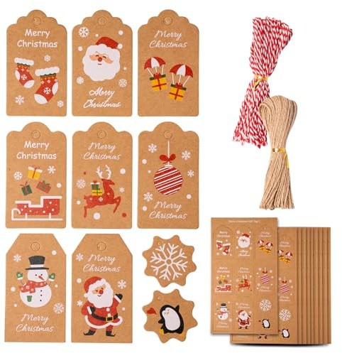 ZYDYRX 100 pezzi Etichette Regalo Natalizie Appendere Etichette Natalizie 4 forme Etichette Natalizie Carta Kraft Marrone con Cordoncino Colorato Corda Iuta per Decorazioni Natalizie Artigianali C