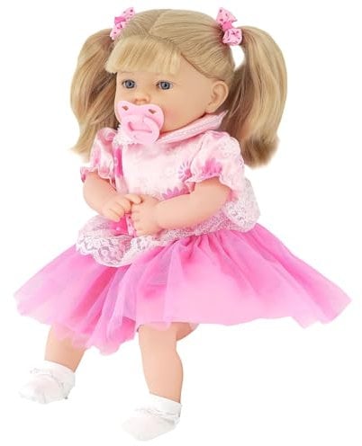 Bibi Doll 18 Realistic Baby Doll Girl Elizabeth with Hair in Pink Floral Outfit, Sounds, Dummy - Cuddly Soft Body with Vinyl Limbs, Talking Feature - Ideal for Girls and Boys Aged 18 Months and Up